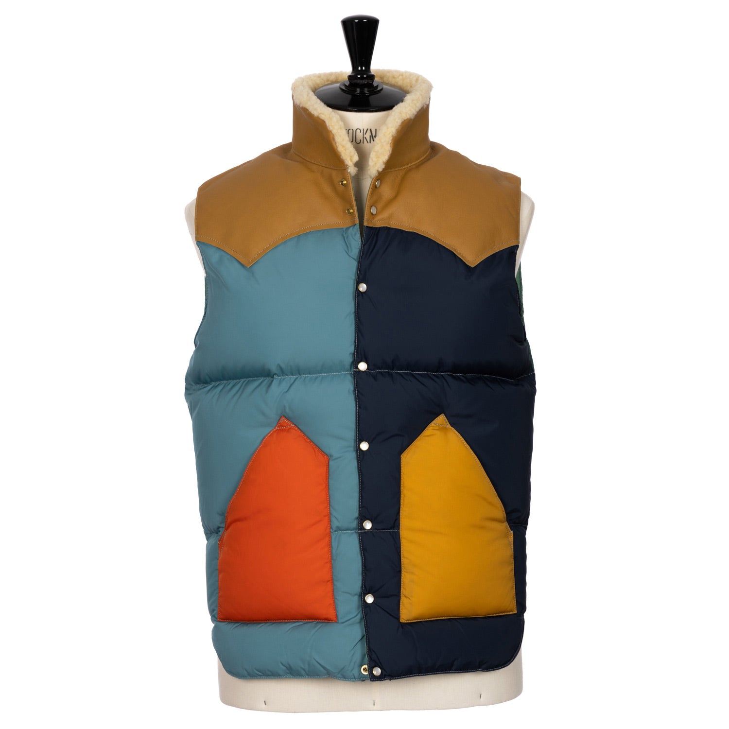 Rocky Mountain Featherbed x MJ: Daunenweste "Christy Multi-Patch Vest" mit Lammfellkragen
